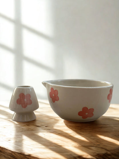 Ceramic Matcha bowl & Whisk Holder - Sakura Bloom Chawan