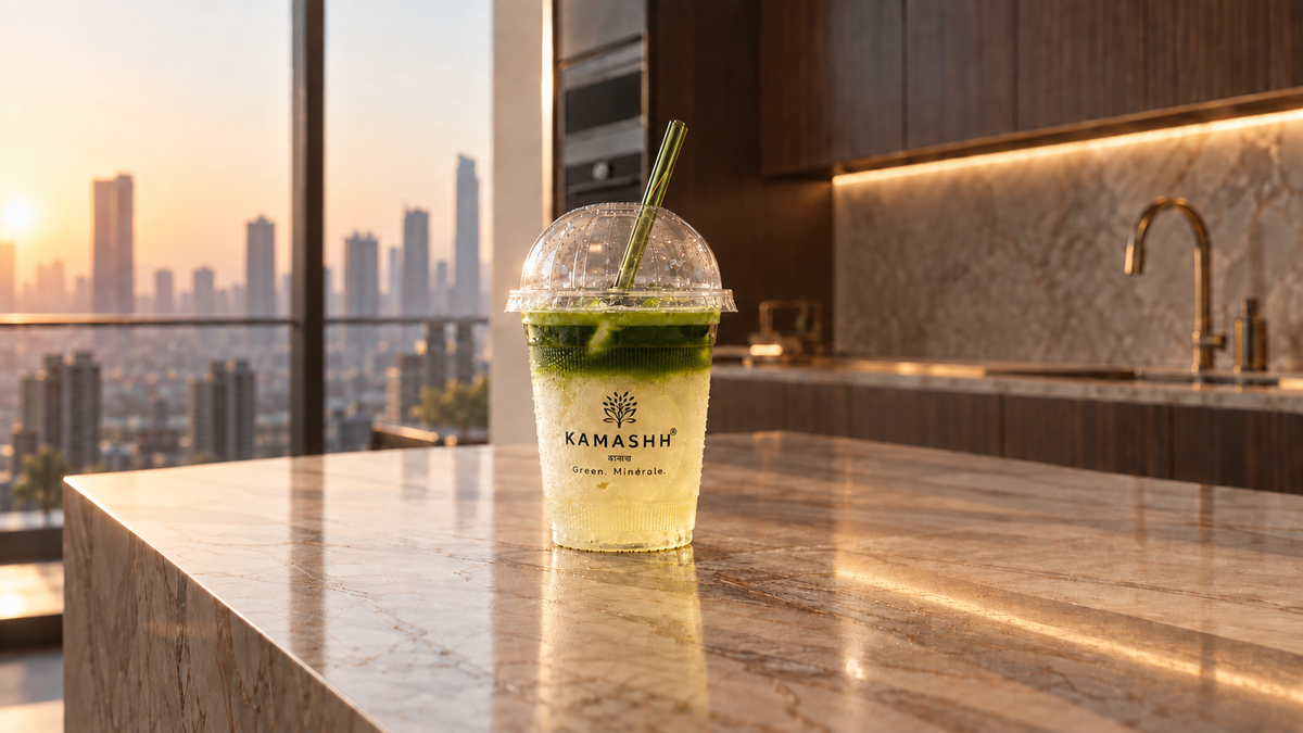  layered coconut cloud matcha drink and green straw. Shop Kamashh India
