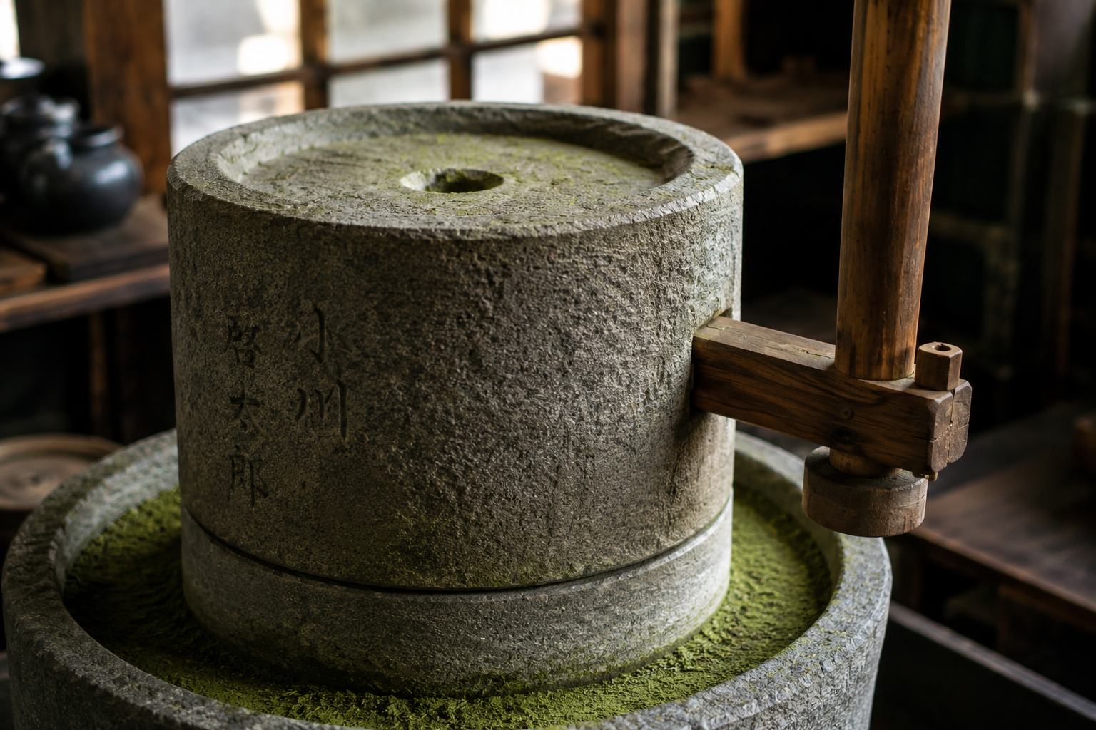 Traditional granite stone mill used for slow grinding ceremonial matcha in Kyoto, preserving aroma, colour and ultra-fine texture. Shop Kamashh India