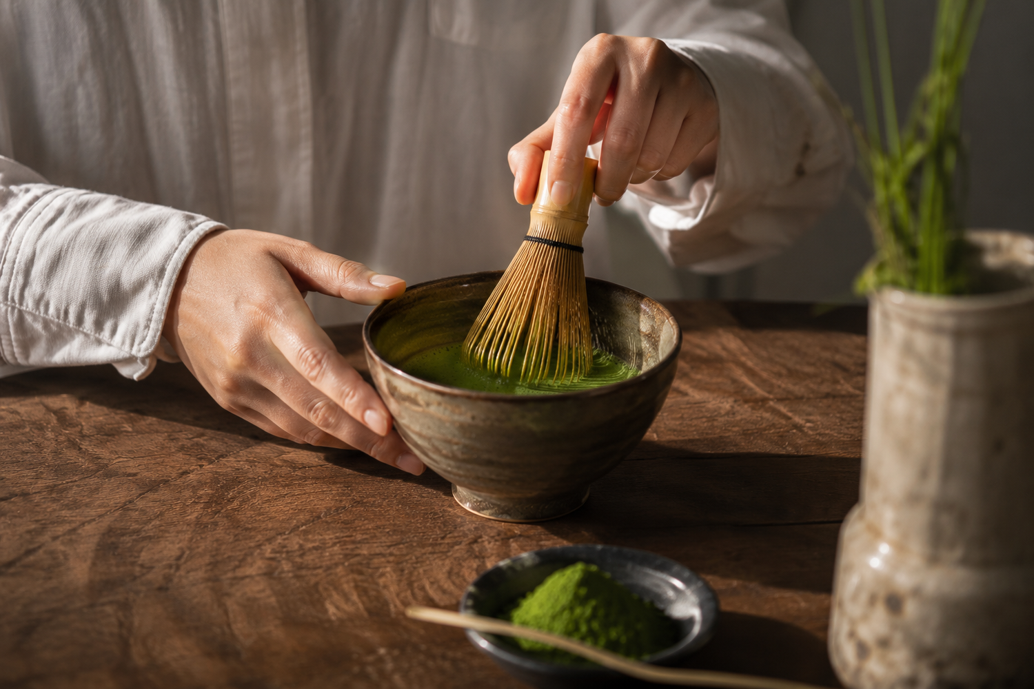 Preparing authentic Japanese ceremonial matcha using a bamboo whisk and handcrafted matcha bowl. Shop Kamashh India