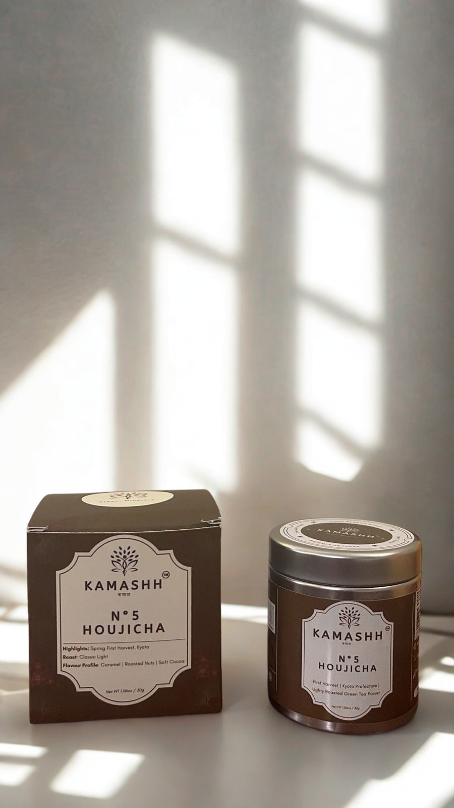 Kamashh premium hojicha powder made from roasted Japanese green tea. Now the best hojicha in India