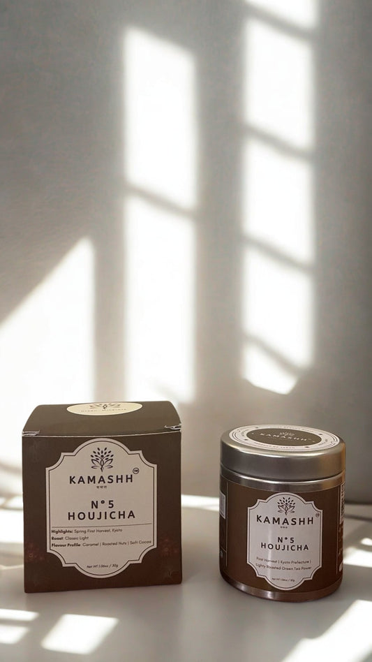 Kamashh premium hojicha powder made from roasted Japanese green tea. Now the best hojicha in India