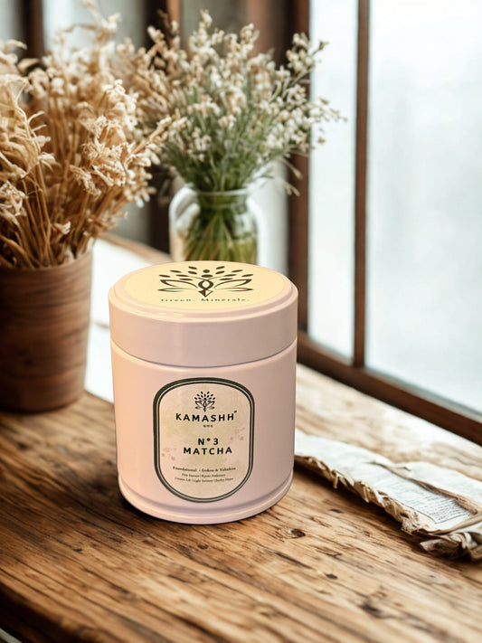 Stone-ground Japanese matcha powder from Kamashh N3 blend India