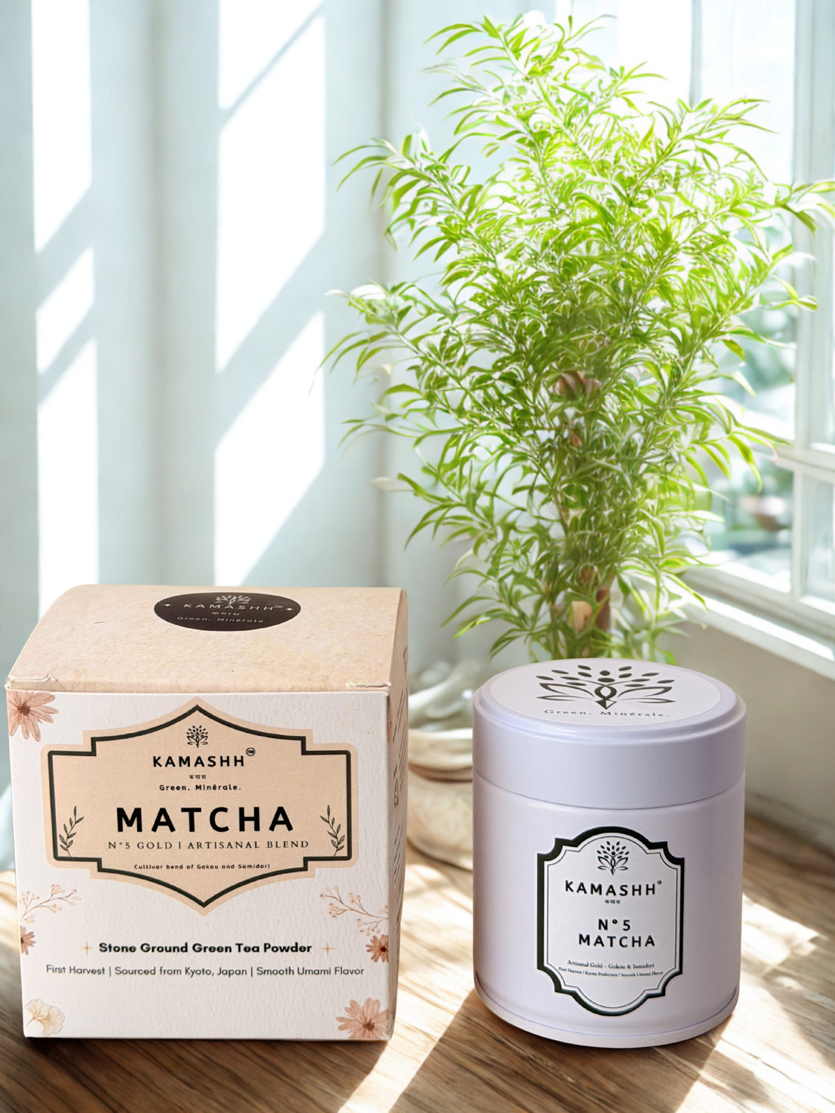Kamashh N°5 ceremonial grade Japanese matcha in premium white tin – finest quality matcha in India