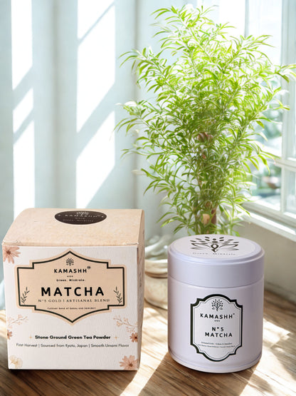 Kamashh N°5 ceremonial grade Japanese matcha in premium white tin – finest quality matcha in India