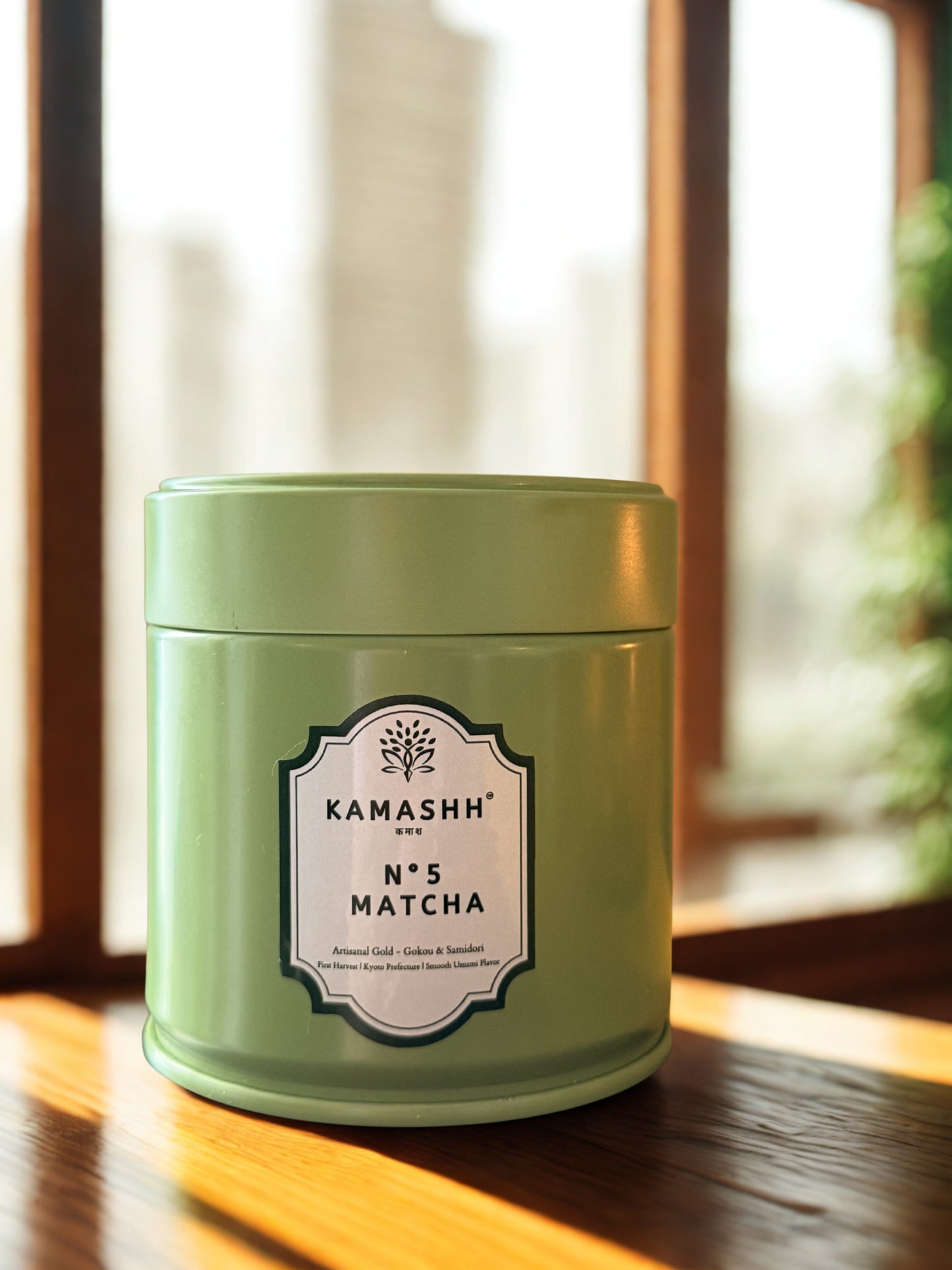 Kamashh N5 ceremonial grade Japanese matcha green tea powder in signature tin