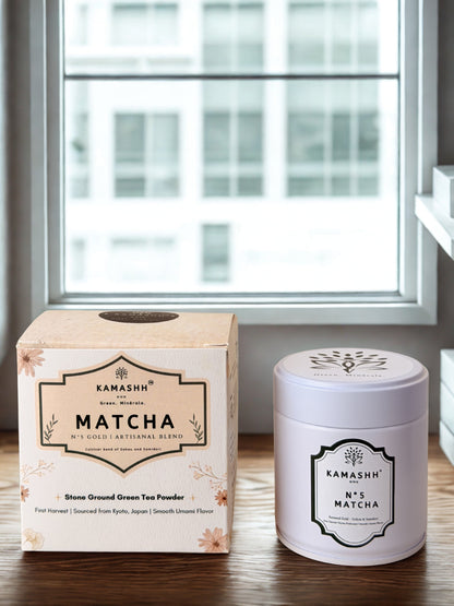 Luxury ceremonial matcha by Kamashh in minimalist white tin packaging for Indian matcha consumers