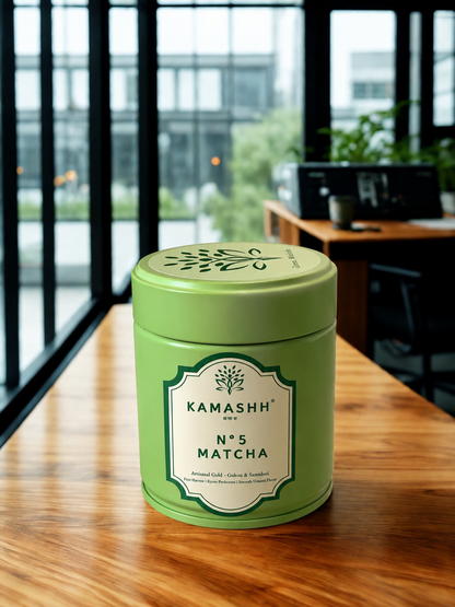 Kamashh N°5 best ceremonial matcha powder in signature green luxury tin with premium Japanese matcha in India
