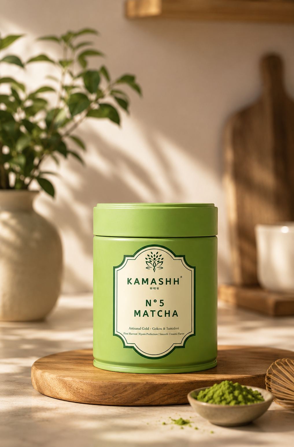 Kamashh N°5 best ceremonial matcha powder in signature green luxury tin with premium Japanese matcha in India