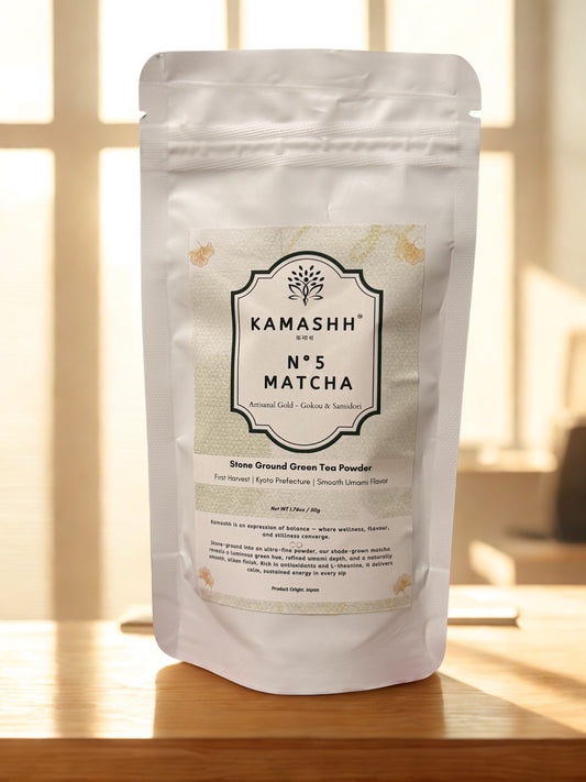 Premium first harvest ceremonial matcha pouch by Kamashh India