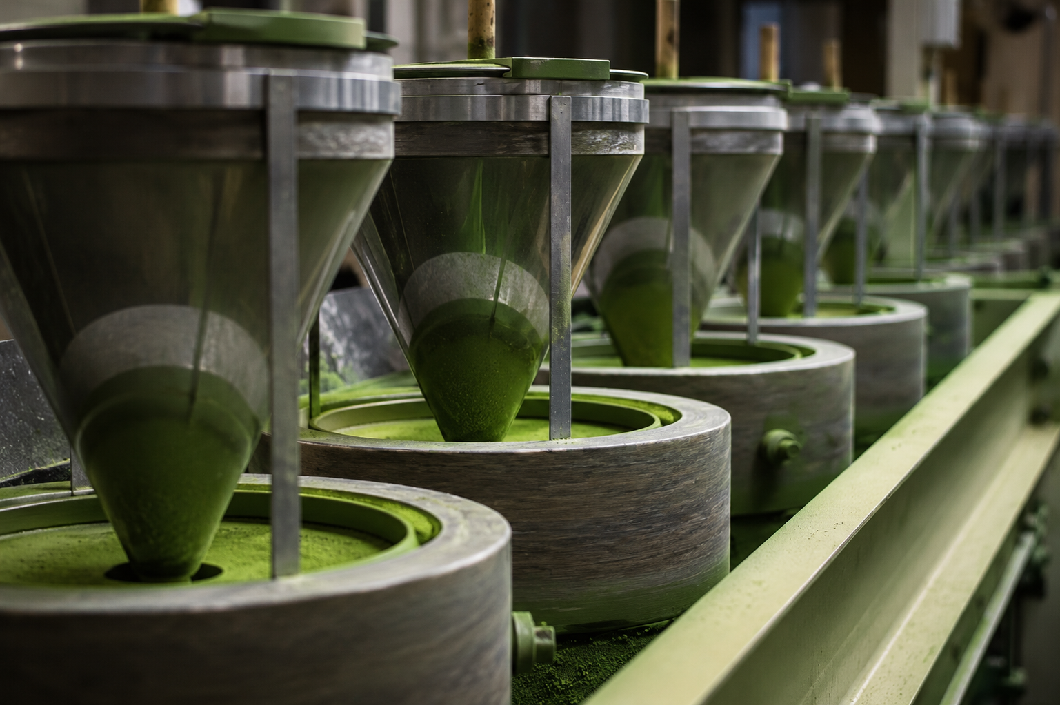 Traditional stone grinding process producing ultra fine ceremonial grade Japanese matcha powder.