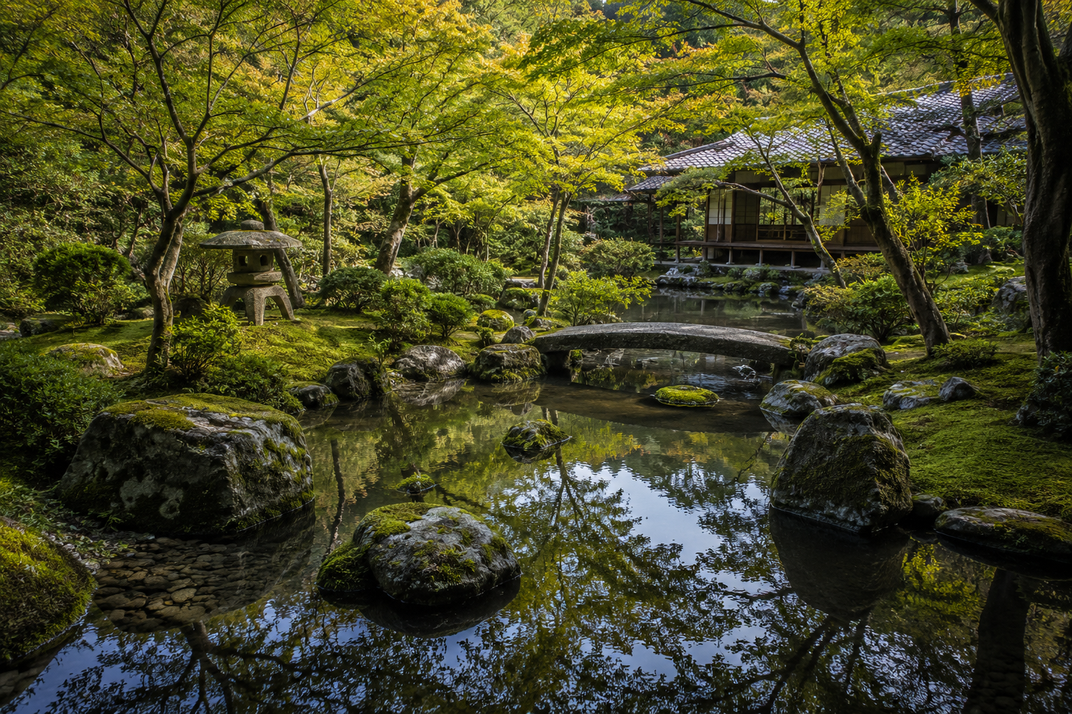 Traditional Japanese tea garden in Kyoto with a tea house, stone bridge and tranquil pond, representing the heritage behind ceremonial grade matcha and Japanese tea culture.